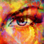 color butterflies and woman eye, mixed medium, abstract color ba