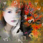 Female face, space and zodiac signs and planets symbols.