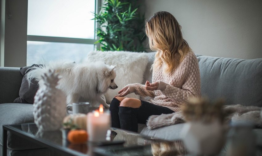 Stilul Hygge femeie cu catel pe canapea