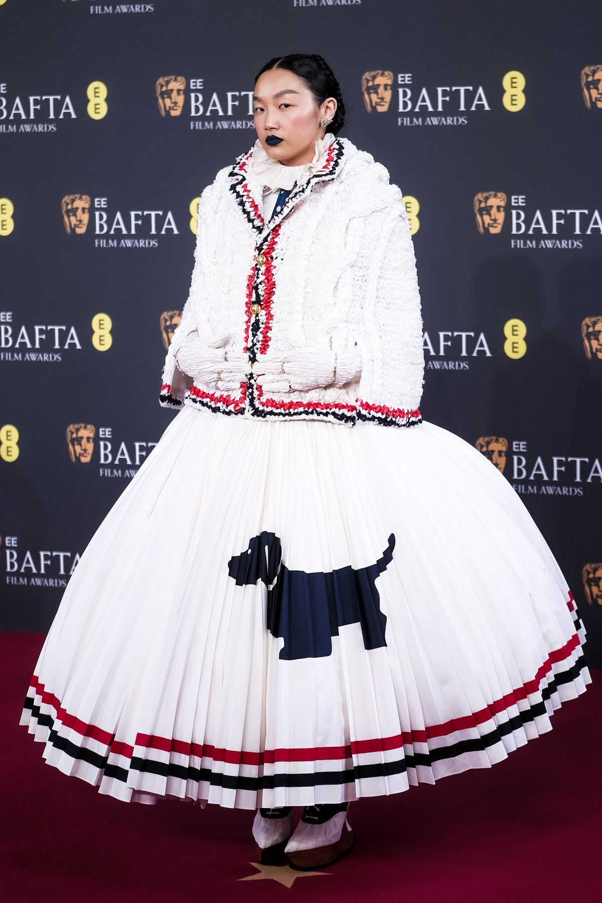 Audrey Nuna pe covorul roșu la EE BAFTA Film Awards 2026, duminică, 22 februarie 2026, la Royal Festival Hall, Londra.Sursa foto: Julie Edwards / Avalon / Profimedia