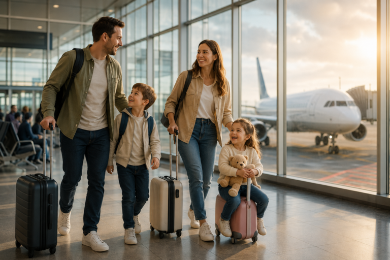 O familie fericită cu doi copii și bagaje de mână mergând prin terminalul unui aeroport, cu un avion vizibil pe fundal prin geam