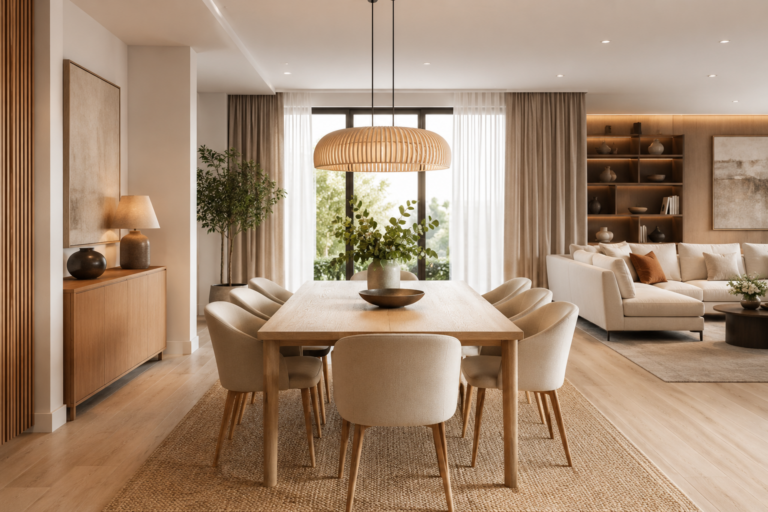 Living modern cu zonă de dining, masă dreptunghiulară din lemn deschis, șase scaune simple, corp de iluminat suspendat deasupra mesei și canapea în plan secund. Stil elegant, cald