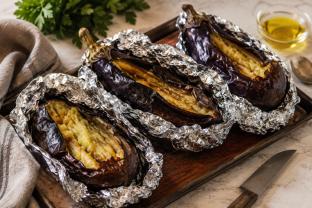 Vinete coapte la cuptor în folie de aluminiu. Trucul simplu pentru miez moale, aromă intensă și curățare ușoară