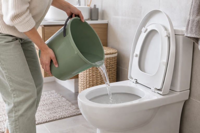Apa colectată de uscătorul de rufe poate fi turnată direct în vasul de toaletă pentru clătire, dacă producătorul aparatului nu interzice refolosirea ei. (Sursa foto: concept Femeia.ro, imagine generată cu inteligență artificială)