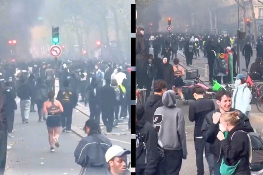 Imagini virale atribuite protestelor din Paris: o femeie face jogging netulburată pe lângă o baricadă în flăcări