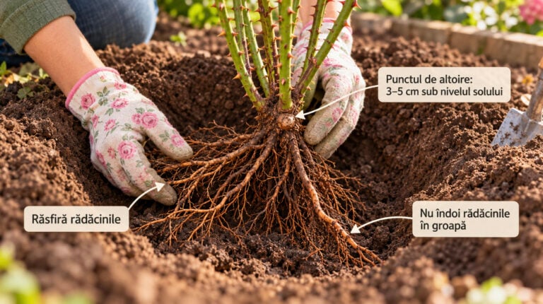 Plantarea corectă a unui trandafir cu rădăcină nudă: rădăcinile se răsfiră în groapă, fără a fi îndoite, iar punctul de altoire se poziționează la 3–5 cm sub nivelul solului.Sursa foto: Concept Femeia.ro, imagine generată cu AI.