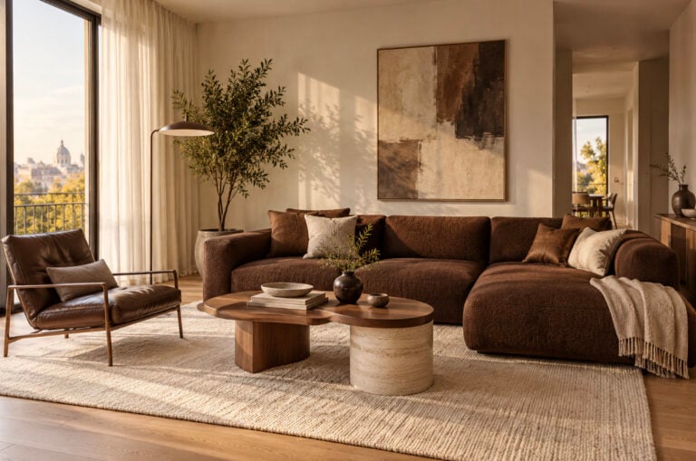 Living modern amenajat în tonuri de maro ciocolatiu, crem și lemn natural, într-o interpretare caldă și elegantă a minimalismului. (Sursa foto: Concept femeia.ro, generat cu AI)