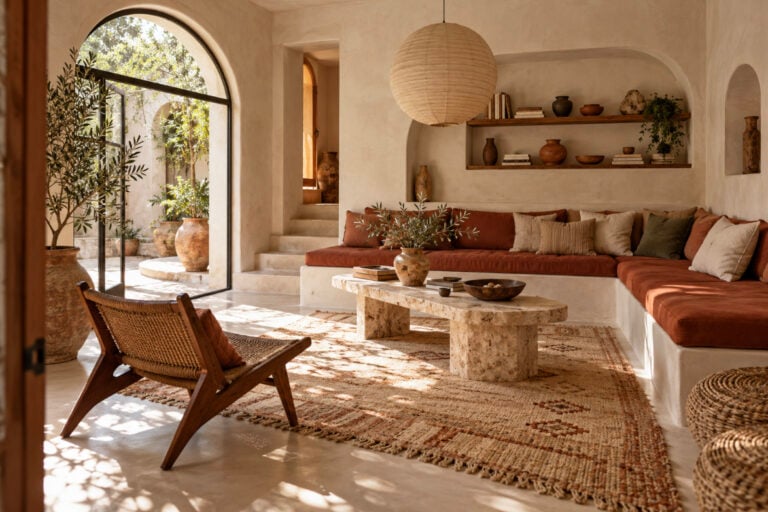 Living în tonuri de teracotă și ruginiu, cu banchetă zidită, mobilier din lemn, ceramică artizanală și influențe mediteraneene, boho și mid-century. (Sursa foto: Concept Femeia.ro, realizat cu AI)