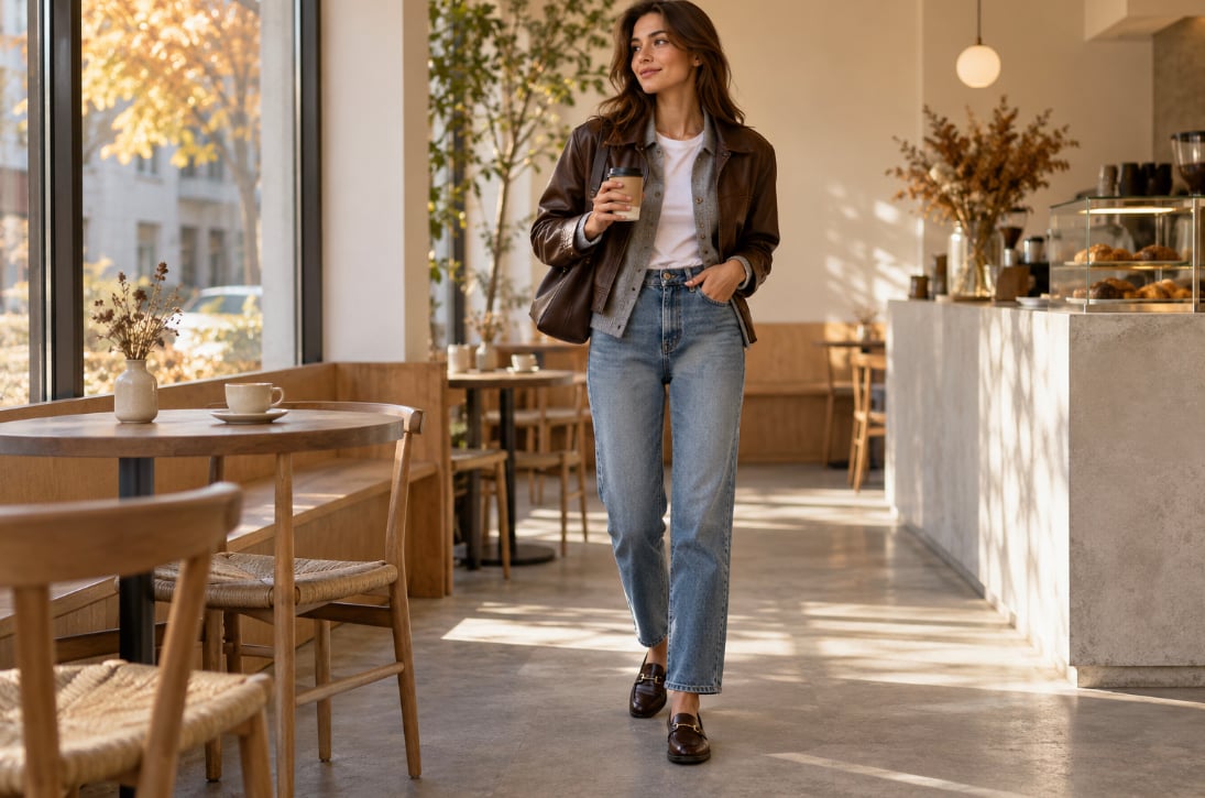 Tricoul simplu, cardiganul fin și jacheta scurtă creează un layering casual, fără să ascundă talia. (Sursa foto: Concept Femeia.ro, imagine generată cu AI)