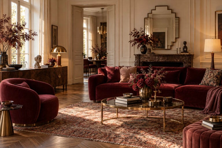 Living sofisticat în nuanțe de vișiniu, crem și lemn închis, amenajat cu influențe clasice, eclectice și Art Deco.Sursa foto: Imagine ilustrativă generată cu ajutorul inteligenței artificiale